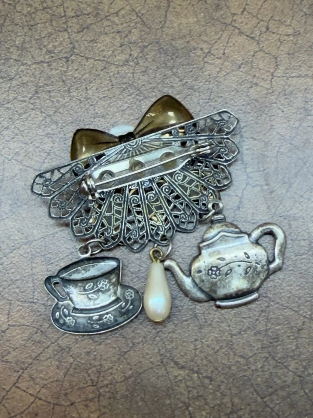 Vintage-Inspired Tea Party Bow Brooch with Pearl Drop - Gold & Silver